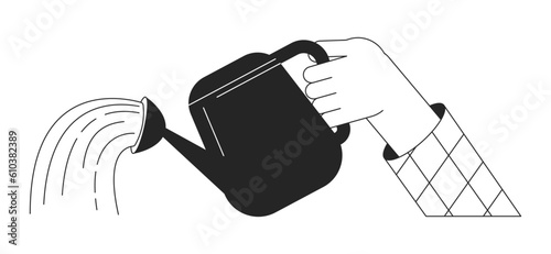 Hand holding watering can bw vector spot illustration. Plant waterer 2D cartoon flat line monochromatic first view hand for web UI design. Pouring water editable isolated outline hero image