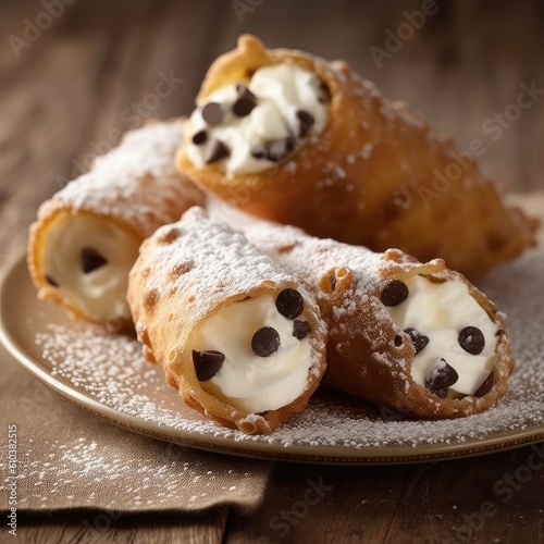 Rich and fragrant Italian cannoli with ricotta cheese and chocolate chips, in the style of Italian pastries.