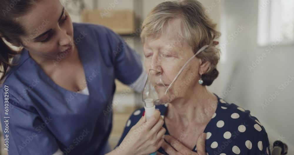 Old woman has breathing problem, caregiver with oxygen mask and help, health and support with asthma and lungs. Ventilation, nurse helping female patient at nursing home, thumbs up and medical tools