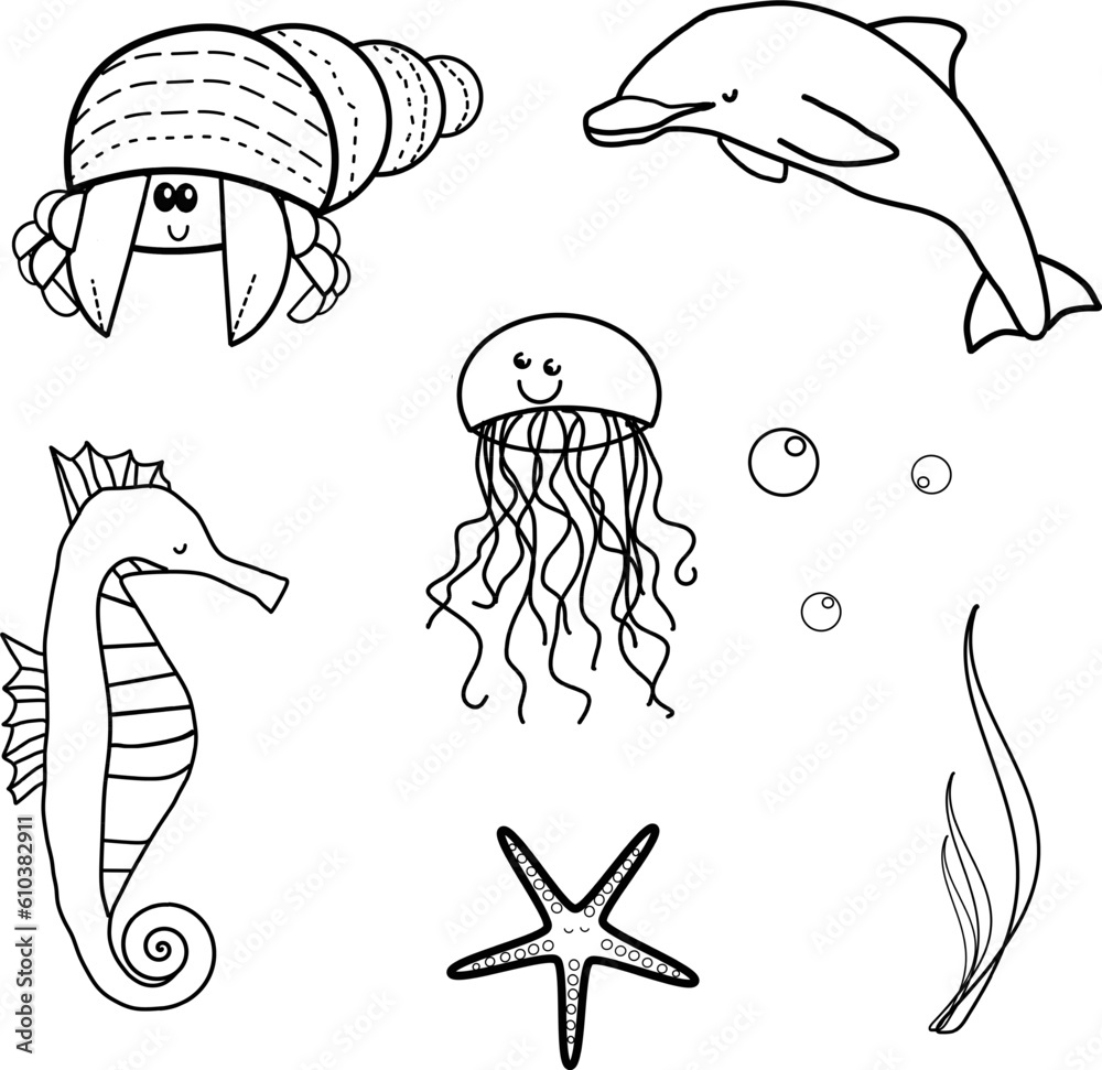 Set  di graziosi animali del mare ed elementi marini,  fauna marina, vettoriali