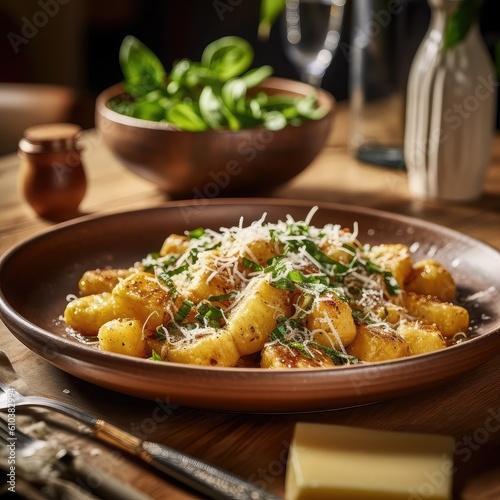 An image of a delicious plate of gnocchi topped with a rich, sauce, garnished with fresh basil leaves and grated Parmesan cheese. 