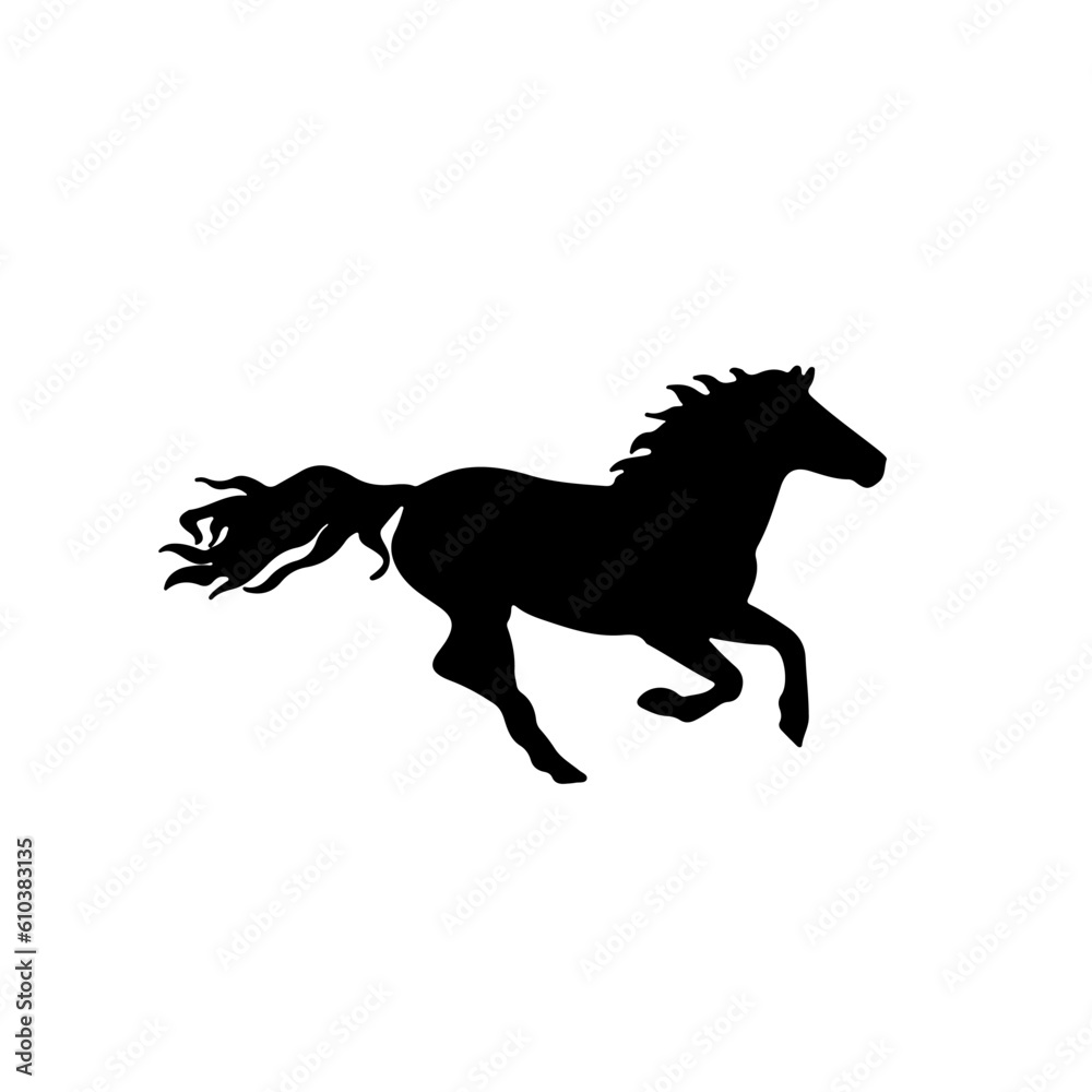 High speed horse's running. Farm domestic mammal animal. Black stallion silhouette. Vector illustration of mustang. Simple logo