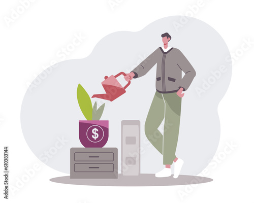 Money management concept. Male vector character growth money plant. Taking care of your own savings. Investment and financial marketing. Color illustration