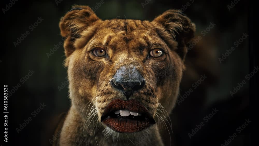 Talking Lion Funny Mouth Lips Eyes Comic Background. Female lion with