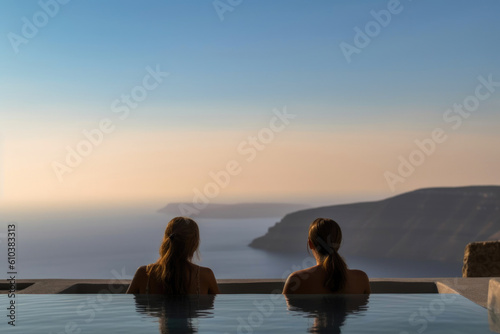 Back view of a couple in the infinity pool. Generative AI