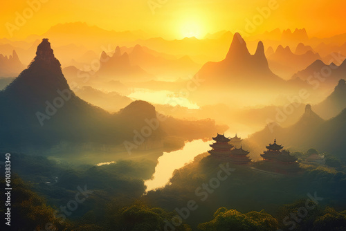 Nature's Awakening Symphony: Sunrise in Chinese Paradise. Generative AI