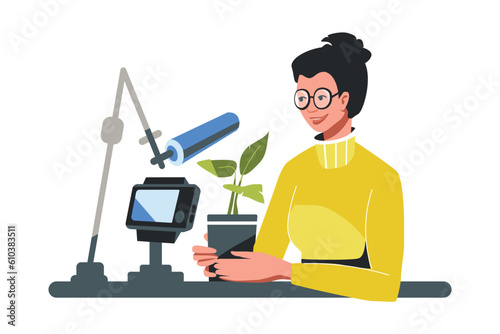 Video blog about crop production. Growing seedlings. Woman shows sprouted flower in pot. Female character records video and talks about plants. Vector illustration flat style
