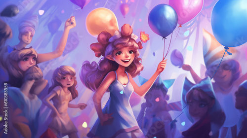 Party of dancing fairies and balloons in purple and blue pastel colours