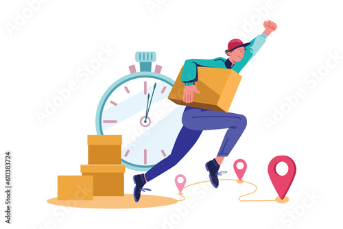 Express delivery services to home or office. Male vector character is in hurry to deliver box with order. Guy quickly carries package. Route with several locations. Urban lifestyle