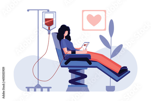 World donor day. Blood donation procedure. Female volunteer sitting in chair during blood collection performed through intravenous catheter in hospital. Vector illustration