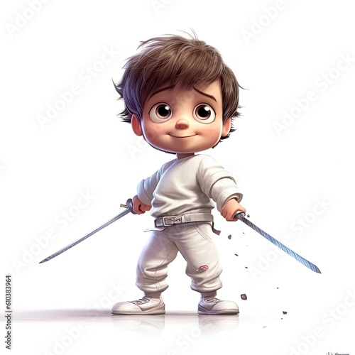 Cute boy 3D style, practicing fencing with my rapier - generative AI illustration