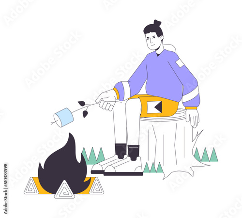 Making campfire marshmallow flat line vector spot illustration. Young man roasting marshmallow on stick 2D cartoon outline character on white for web UI design. Editable isolated colorful hero image