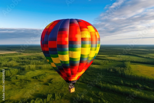 Colorful Hot Air Balloon Drifts Across a Serene Green Field. Generative AI