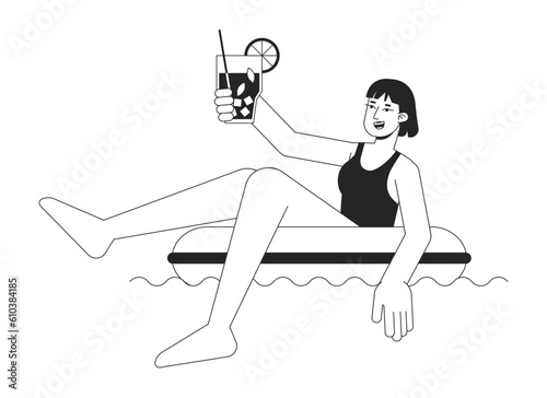 Swimsuit woman in inflatable ring bw vector spot illustration. Holiday girl 2D cartoon flat line monochromatic character for web UI design. Swimming pool fun editable isolated outline hero image