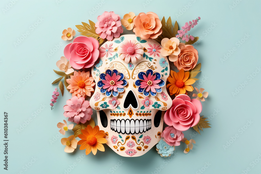 Dia de los muertos skull with flowers paper cut style for Halloween created with AI generative tools