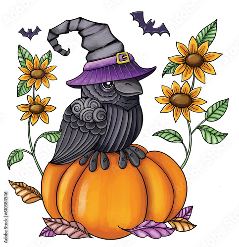 Black Crow Sitting on a Pumpkin with Witch's Hat, Sunflowers, and Bats