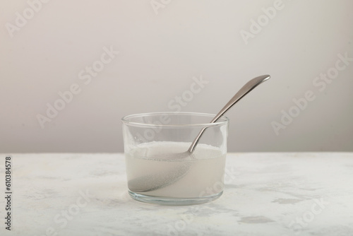 Xanthan gum dissolved in water. Mixture is widely used in food industry for thickening gluten-free products, pastries and beverages. Food additive E415. Stabiliser and Thickener photo