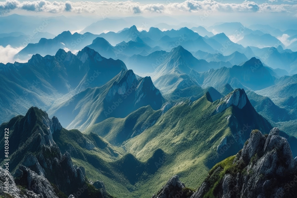 Enigmatic Cloud Symphony: Alpine Peaks Hidden in Mist. Generative AI