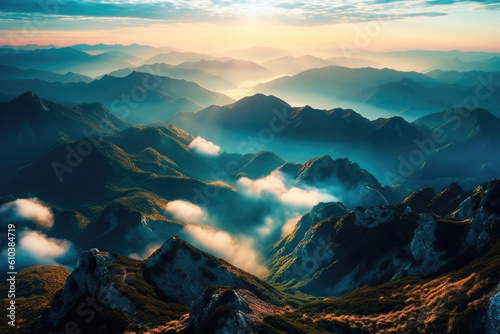 Majestic Mist: Aerial View of Alpine Cloudscape. Generative AI