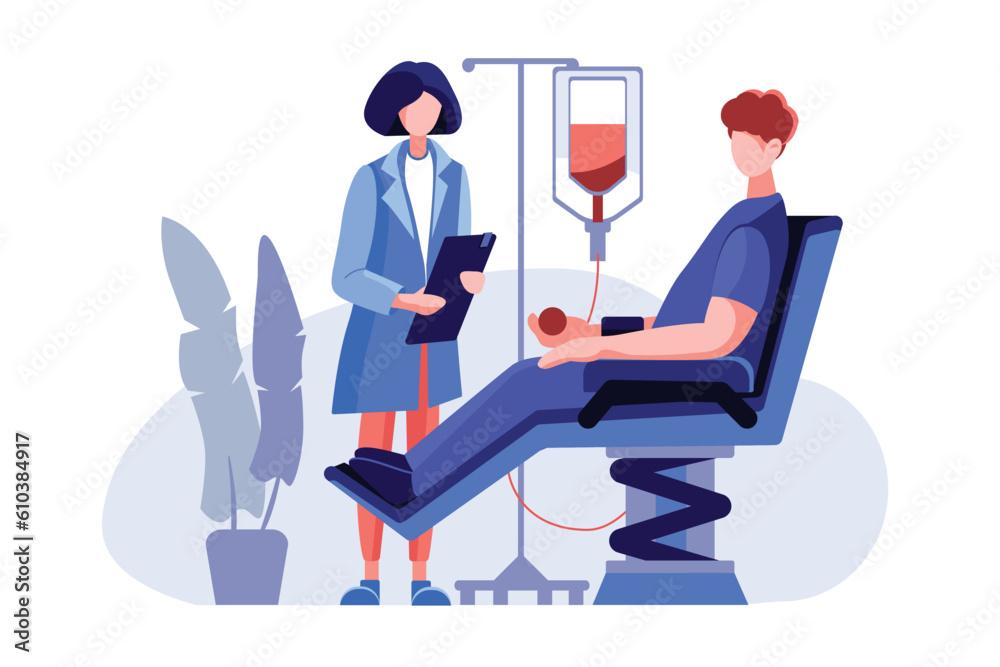 Blood donation process. Healthy donor sitting in chair during blood