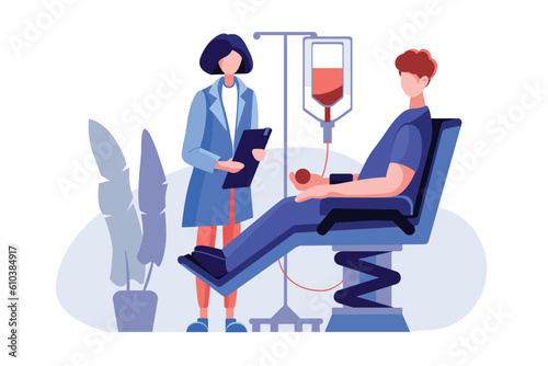 Blood donation process. Healthy donor sitting in chair during blood draw performed by professional phlebotomist through intravenous catheter. Vector illustration