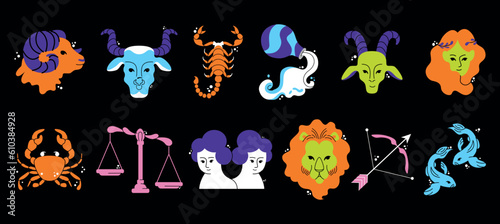 Astrological zodiac signs. Aries, Taurus, Leo, Gemini, Virgo, Scorpio, Libra, Aquarius, Sagittarius, Pisces, Capricorn, Cancer Symbols. Constellations. Vector illustration isolated on background