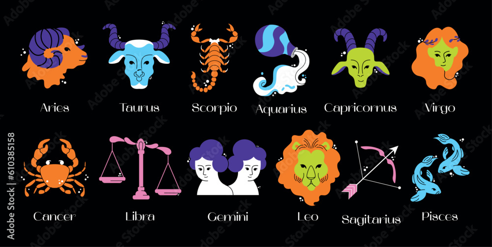Astrological zodiac signs. Aries, Taurus, Leo, Gemini, Virgo, Scorpio, Libra, Aquarius, Sagittarius, Pisces, Capricorn, Cancer Symbols. Constellations. Vector illustration isolated on background - obrazy, fototapety, plakaty 