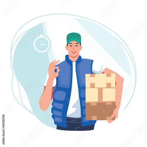 Express safe courier services. Male character can easily hold several boxes at once. Transportation of cargo from hand to hand. Doorstep delivery to office or home. Color illustration in flat style