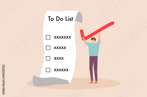Productive to do list vector, task planning and task management for work, flat design of productive work plan, uncompleted job and pending work list, completed and undone  task, man’s working alone.