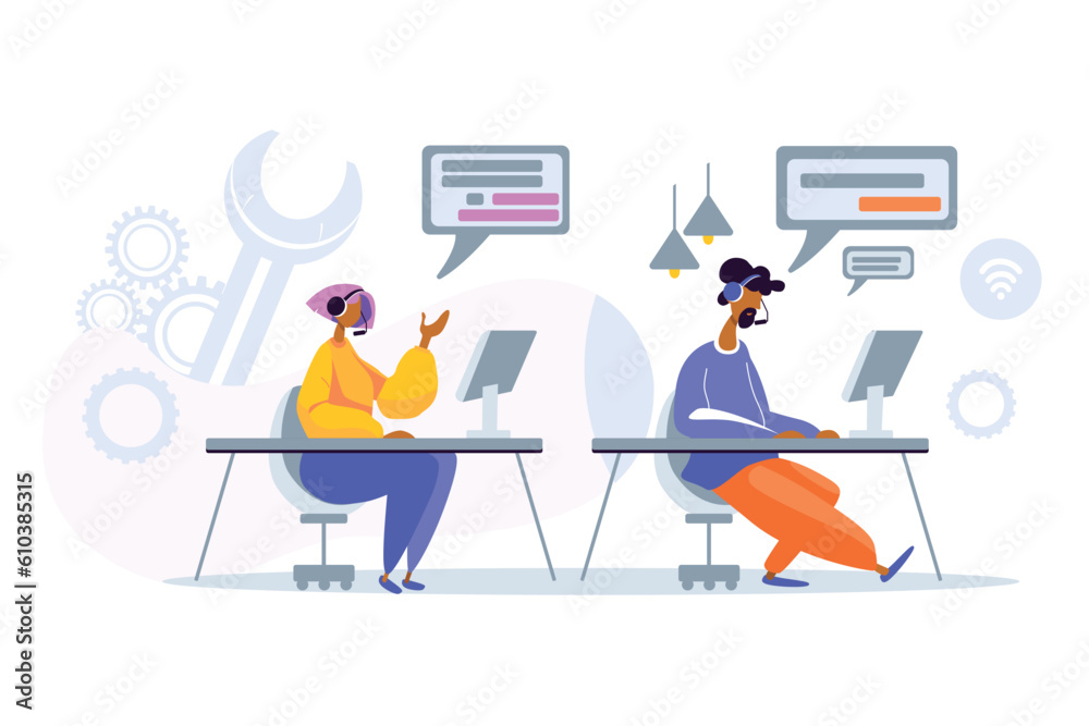 Help desk workers providing assistance and information to people. Client service team responding to inbound calls and electronic correspondence in company office. Vector illustration Help desk workers providing assistance and information to people. Client service team responding to inbound calls and electronic correspondence in company office. Vector illustration