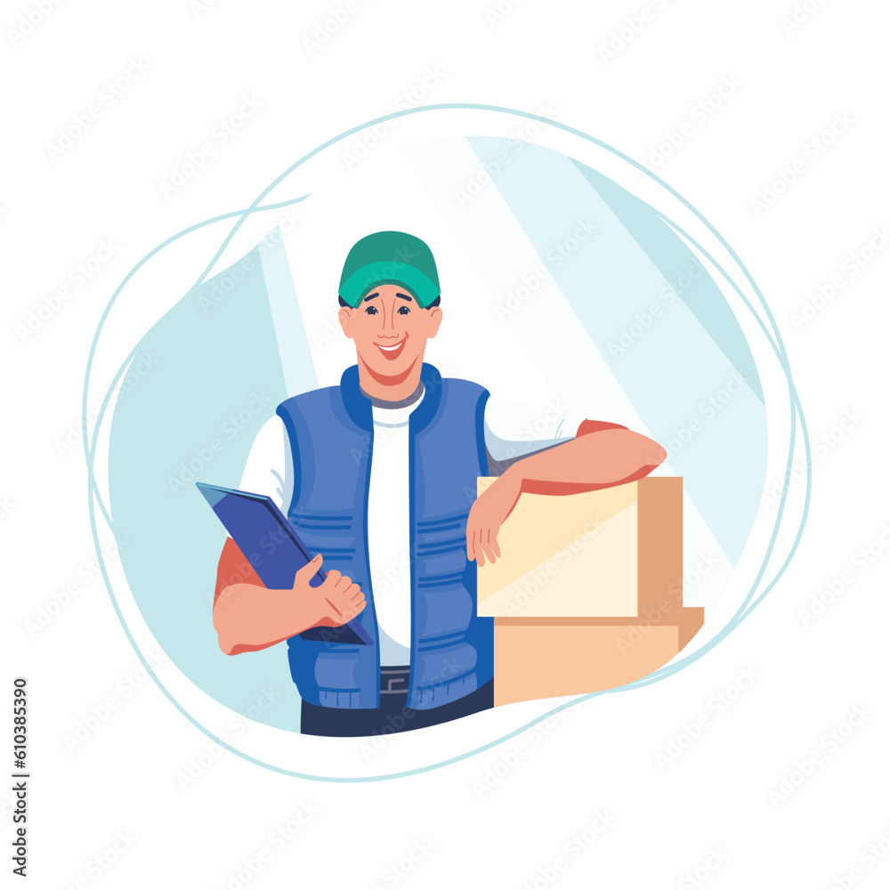 Young male vector character delivering parcels to door. Bringing cargo into house. Friendly smiling courier, careful attitude to parcels. Flat color image