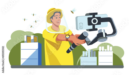 Male character on apiary with live content. Man films himself in beekeeper suit from monopod. Video blog about honey insects. Instructions on how to remove frames with honeycombs, pump out honey