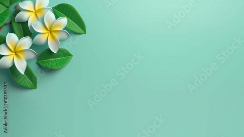 White flowers with leaves, green pastel background