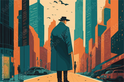 A captivating vector art illustration depicts a man immersed in the bustling energy of a big city, surrounded by towering skyscrapers and vibrant lights. 🏙️🎨