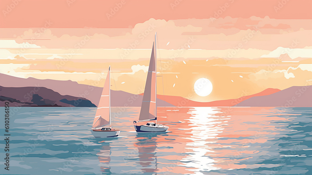 Sailboat sunset in front of greek coastline vector