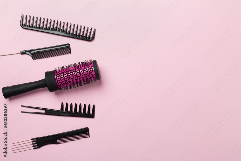 Professional combs and hairdresser tools on color background, top view Professional combs and hairdresser tools on color background, top view