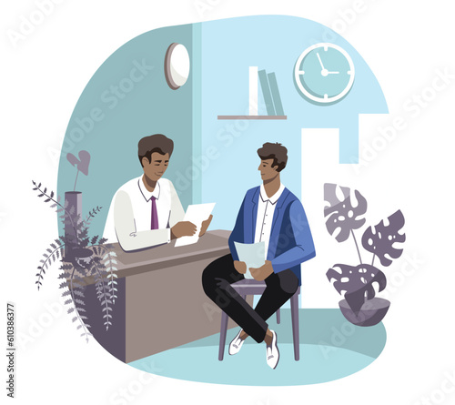 Selection of candidates in recruiting agency. Interview in office, dialogue with boss. Male vector character is studying job candidate application form