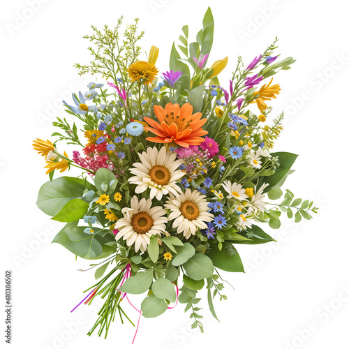 beautiful wildflowers round bouquet for bridal . Generative AI. transparent PNG