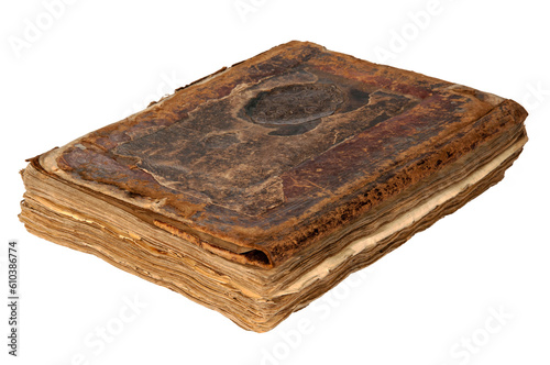 Front view of Old Aged Book Cover. Damaged Shabby Scratched Crumpled Paper Cardboard Texture.
