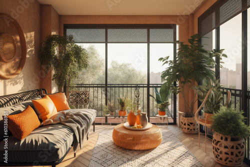 Cozy balcony with sofa and chairs. Orange, green and black colors. African eco interior design. Super photo realistic background, generative ai illustrarion photo