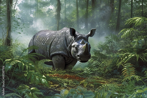Sumatran Rhino in the wild, illustration, Generative AI