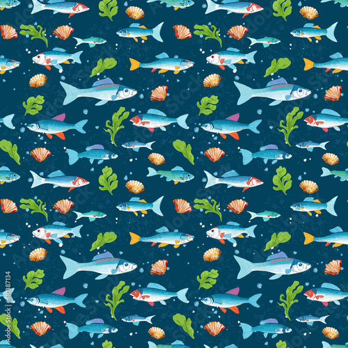 Underwater watercolor style, fish, seamless pattern, Design for fashion, fabric, textile, wallpaper, wrapping, prints