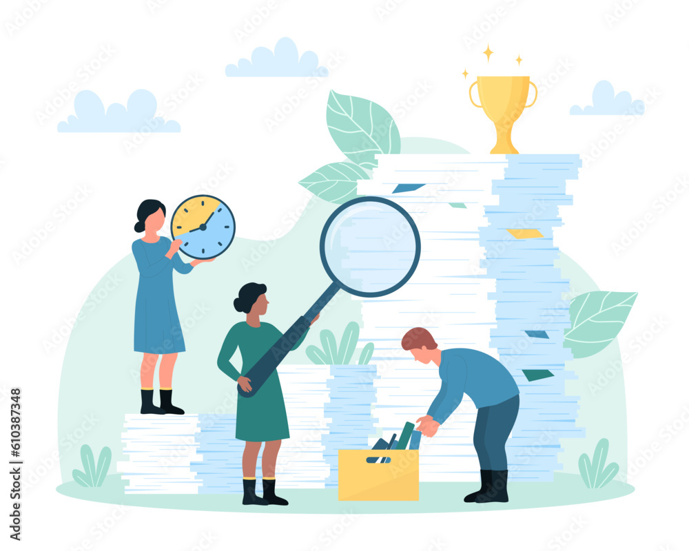 Bureaucracy and office paperwork vector illustration. Cartoon tiny people holding magnifying glass to research information reports, sorting pile and stack of paper documents to folders and archives Bureaucracy and office paperwork vector illustration. Cartoon tiny people holding magnifying glass to research information reports, sorting pile and stack of paper documents to folders and archives