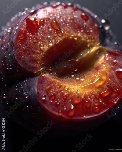 AI generated close up photo of juicy plum slice