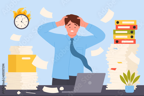 Messy paperwork, office bureaucracy and overtime hardwork of employee vector illustration. Cartoon busy tired frustrated man standing at desk with unorganized paper documents, laptop and boxes