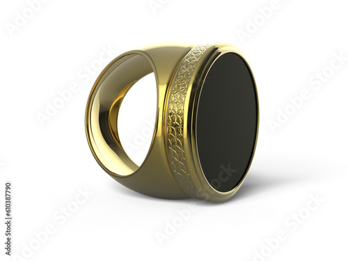 Fashion Men Black Signet Gold Finger Ring Isolated 3D Rendering