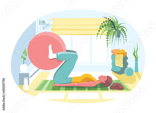 Female cartoon character doing exercises with fitness ball. Fitness insoles. Woman lies on mat and does physical exercises. Restorative physiotherapy. Healthy and active lifestyle