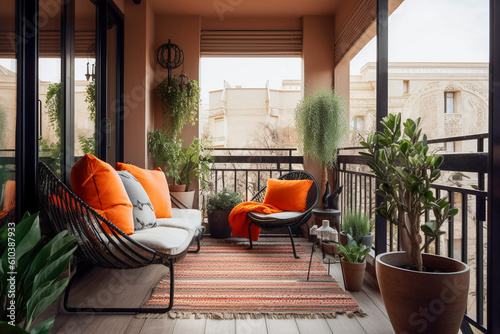 Cozy balcony with sofa and chairs. Orange, green and black colors. African eco interior design. Super photo realistic background, generative ai illustrarion