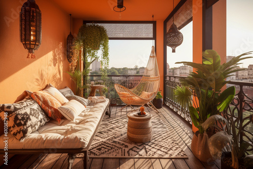 Cozy balcony with sofa and chairs. Orange, green and black colors. African eco interior design. Super photo realistic background, generative ai illustrarion photo