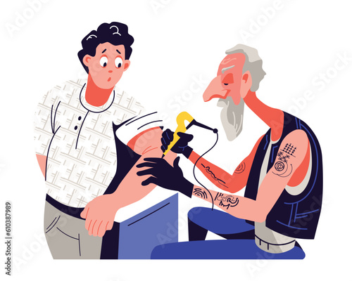 Old, experienced master makes tattoo for newbie. Client is worried about painful procedure. Painting human body with needle machine. First tattoo. Color vector illustration